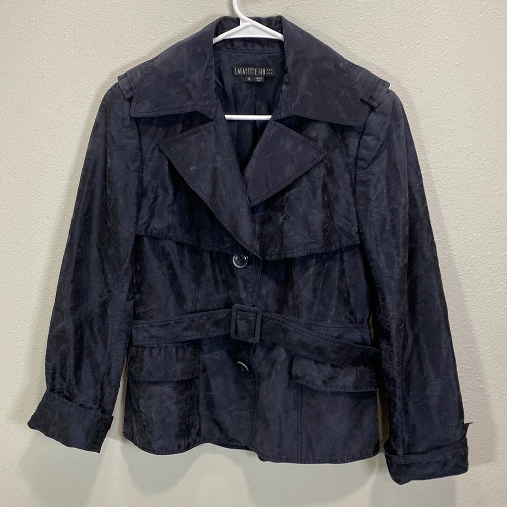 Lafayette 148 New York 100% Silk Cropped Trench Coat blue black - Picture 1 of 9